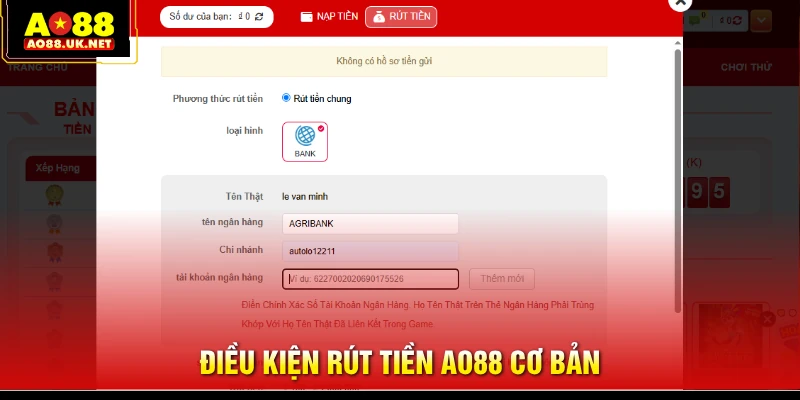 Điều kiện rút tiền AO88 cơ bản